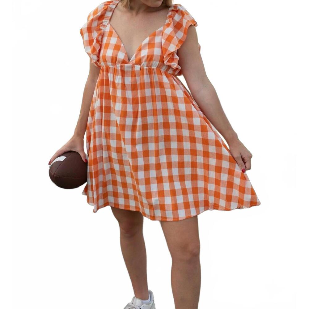 NEW BIBI give 'em 6 checkered mini dress in orange
